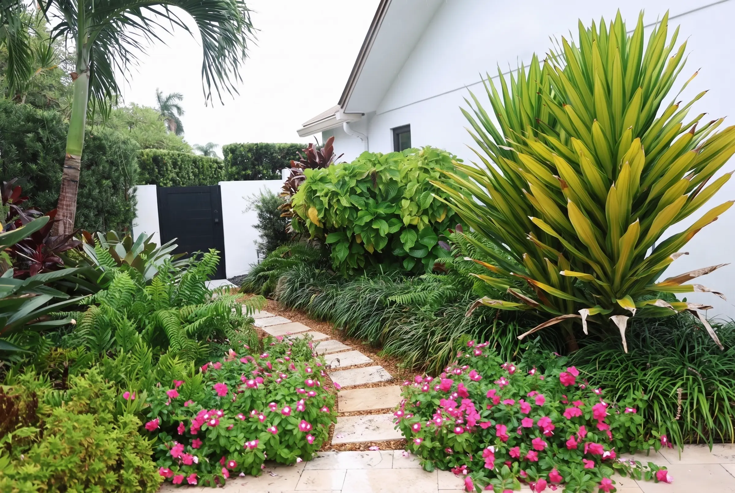 Side garden path with pentas and dracaena